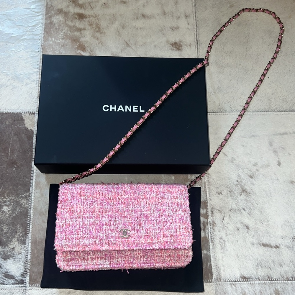 CHANEL pink tweed bag, wallet on chain, NWT